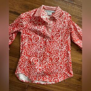 Gretchen Scott Designs Orange and White Floral and Striped Pattern Shirt, Med